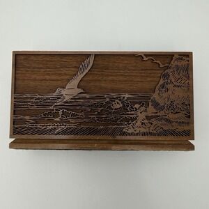 Vintage Walnut Napkin Mail File Letter Holder Laser Ocean Beach Bird Waves